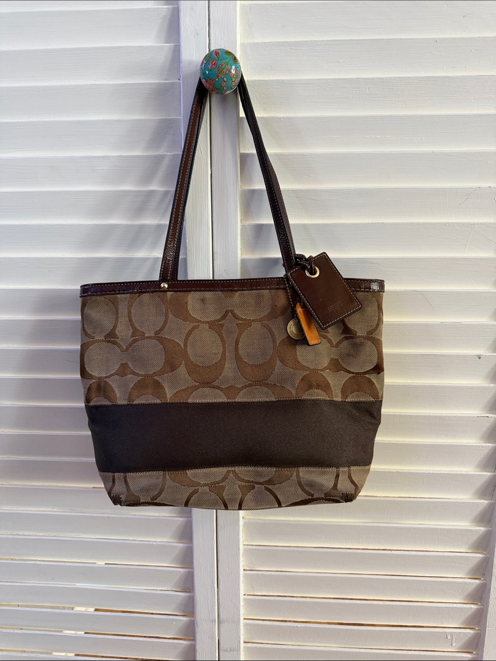 Coach Brown Signature Jacquard Tote with Dark Brown Trim